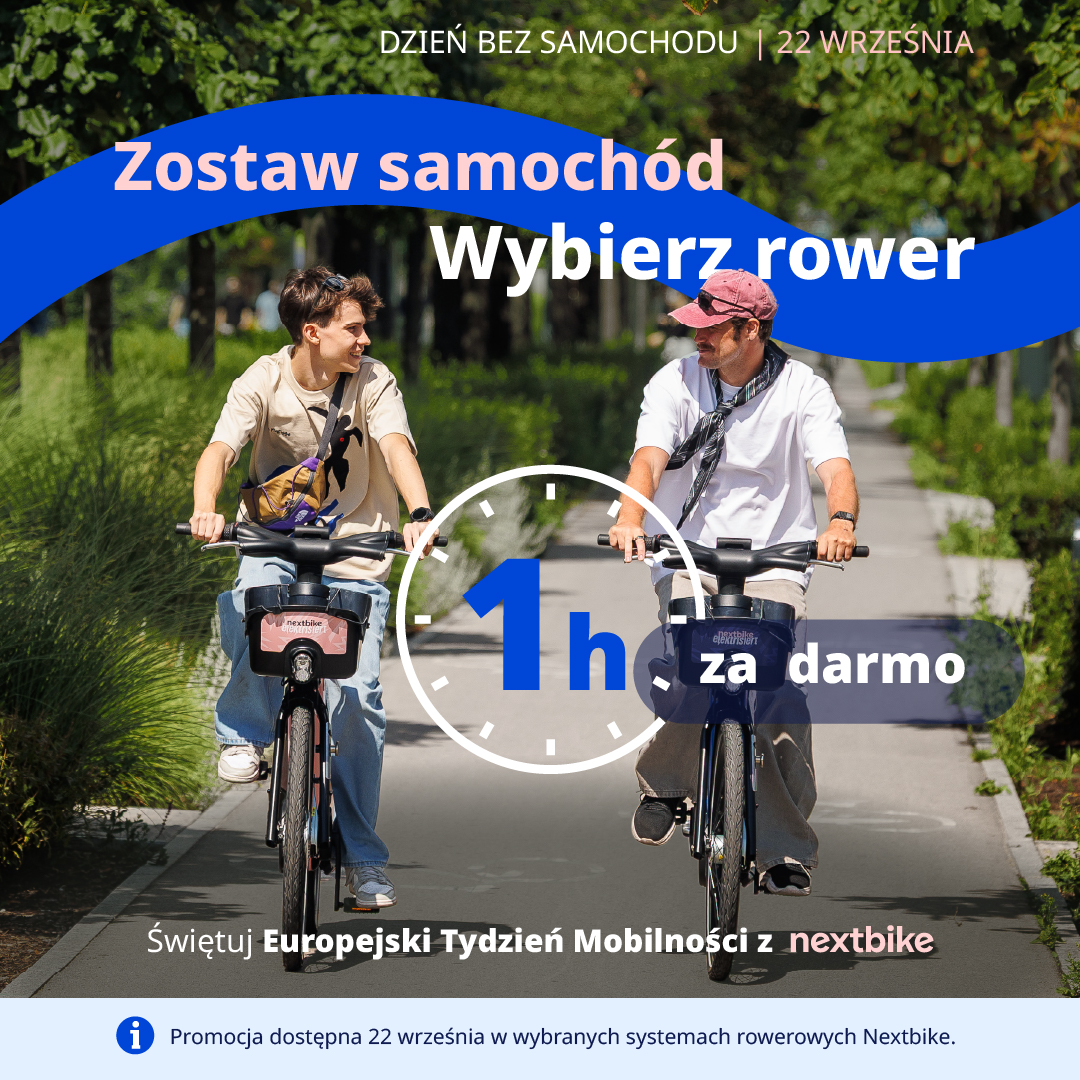 Darmowa godzina jazdy rowerami miejskimi Nextbike – 22 września obchodzimy Dzień bez Samochodu